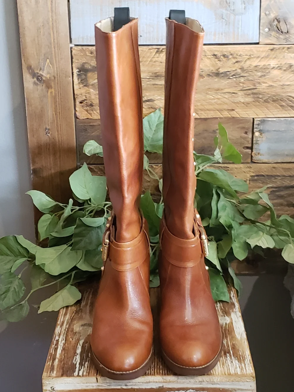 Michael Kors Cognac Tall Knee Buckle & Stud Boots